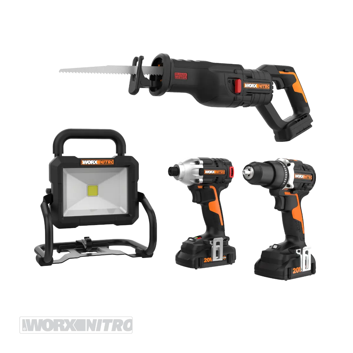 Nitro 20V Impact Driver, Drill/Driver, Reciprocating Saw, and LED Work Light Combo Kit